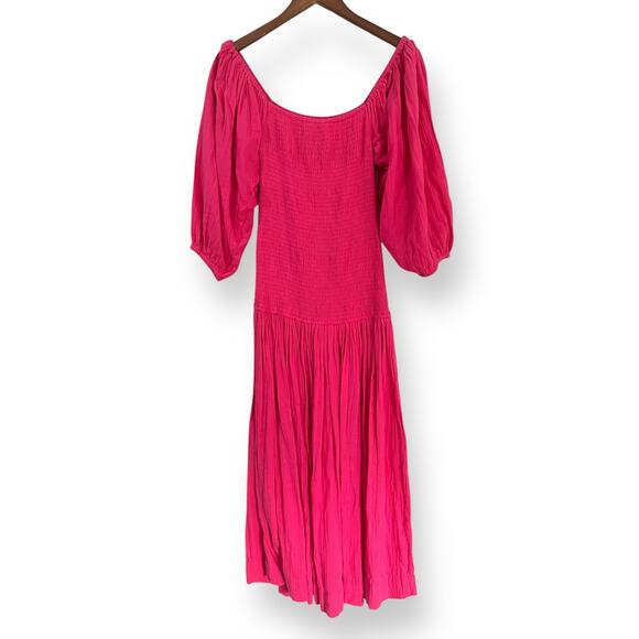 NWT Rhode Resort Harper Printed Smocked Midi Dress Size M Hot Pink Puff Sleeves - Picture 11 of 11